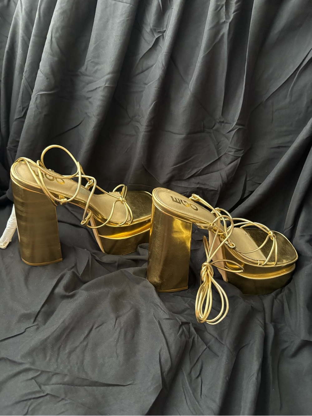EGO Gold Metallic Platform Lace-Up Block Heels